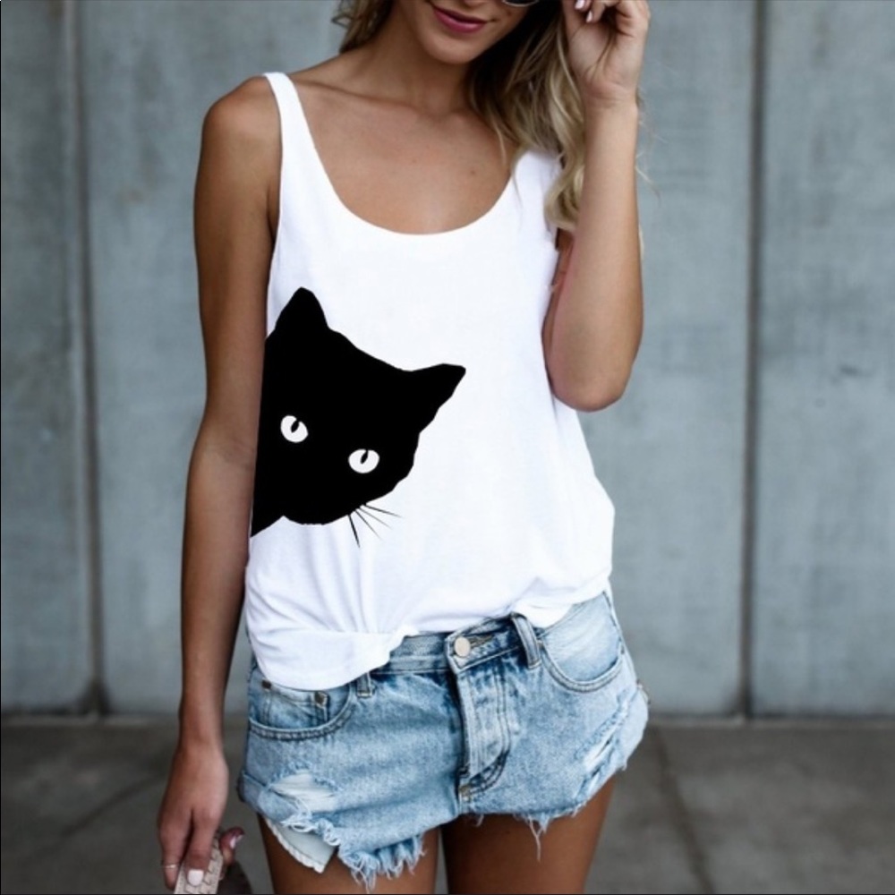 Graphic Kitty Tee In White & Grey Available - Picture 2 of 4